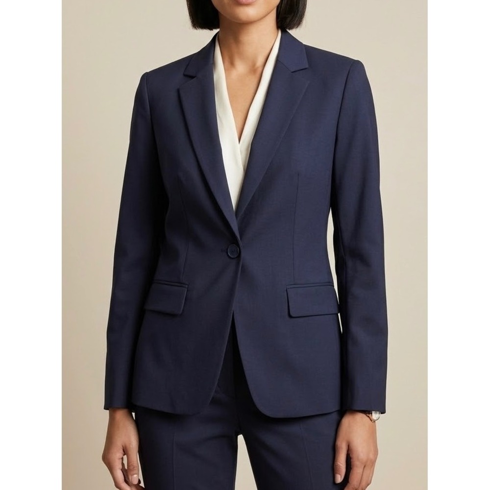 LAFAYETTE 148 NEW YORK Navy Blue Virgin Wool Stretch Single Button Blazer Jacket